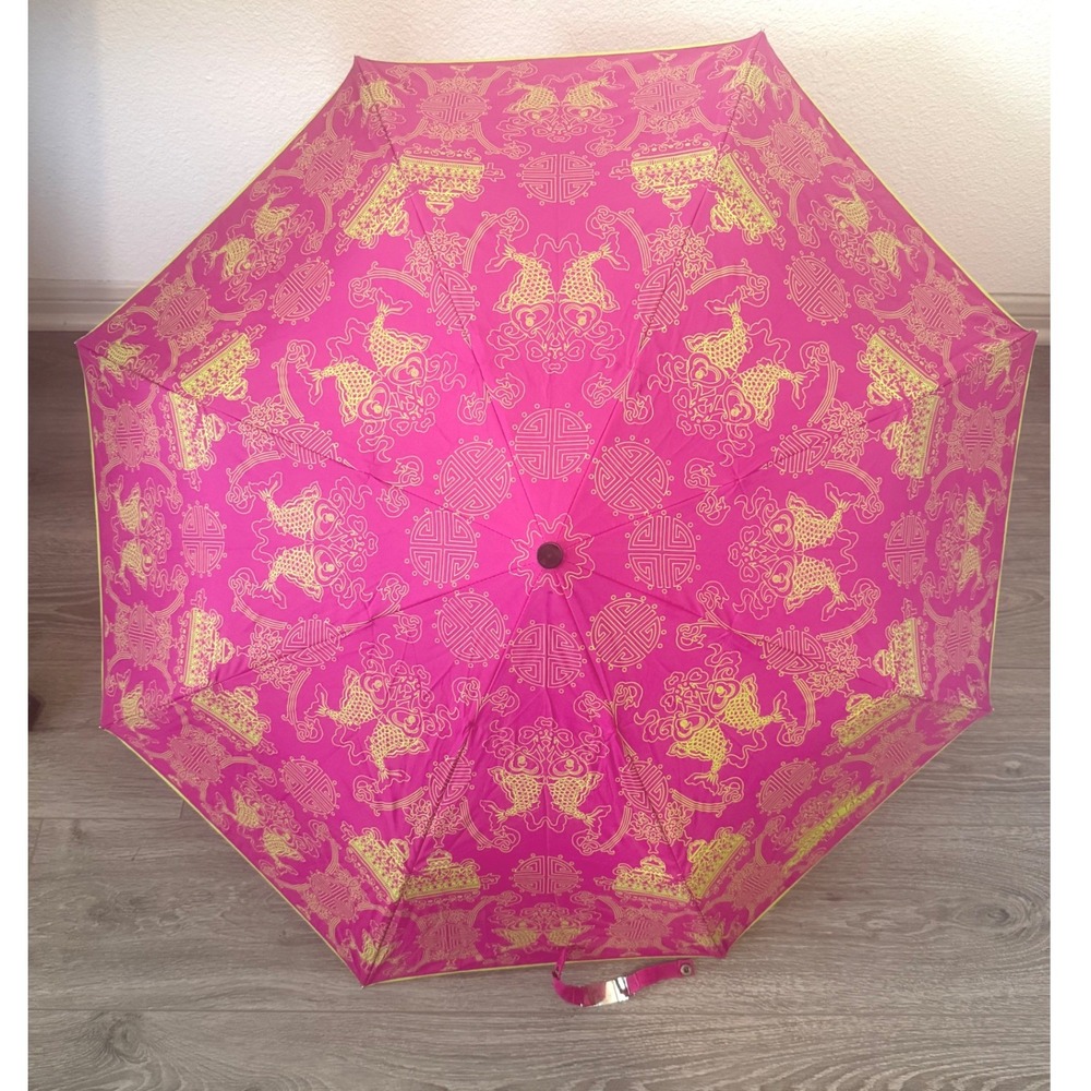 Shanghai Tang Folding Umbrella Fuchsia Gold Twin Fish Shou Longevity Print